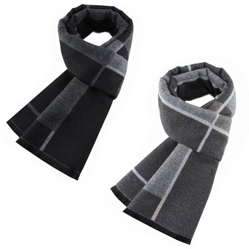 5582 2 Packs Cashmere Feel Scarf for Winter, Lattice Grid Plaid Stripe